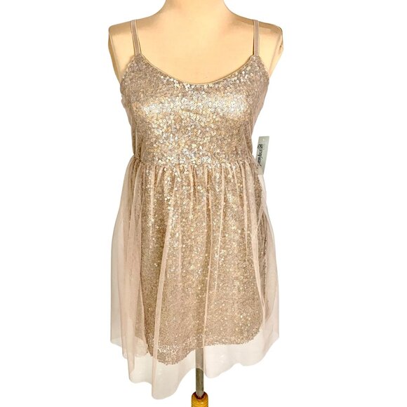 Irreplaceable Sparkly Sequin Tulle Cocktail Camisole Mini Dress Juniors M Gold - Picture 2 of 10